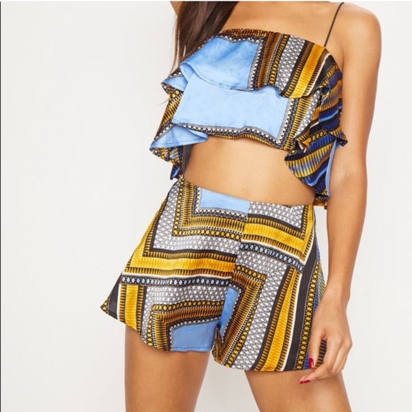 Pretty Little Thing Blue and Yellow Satin Tribal Print Two-Piece Set/Coord Set - Picture 2 of 9